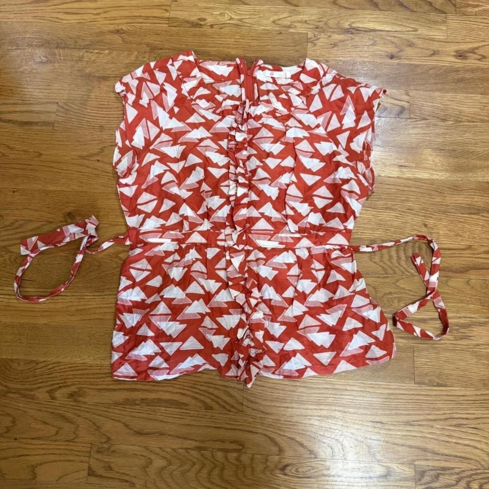 Tulle Red White Geometric Print Romper Ruffle Details Tie Waist Boho Chic